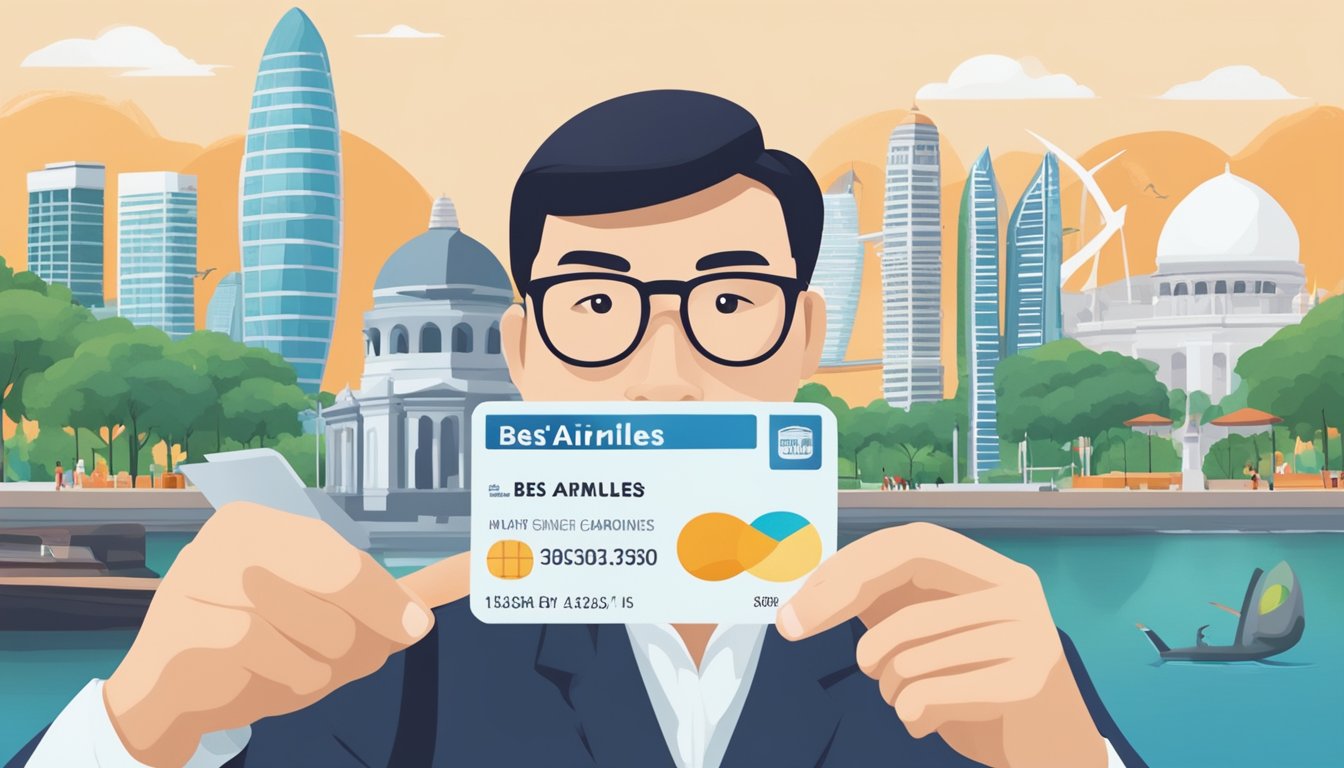 A person holding a credit card with "Best Airmiles" written on it, while reading the fine print with a magnifying glass. The card is set against a backdrop of iconic Singapore landmarks