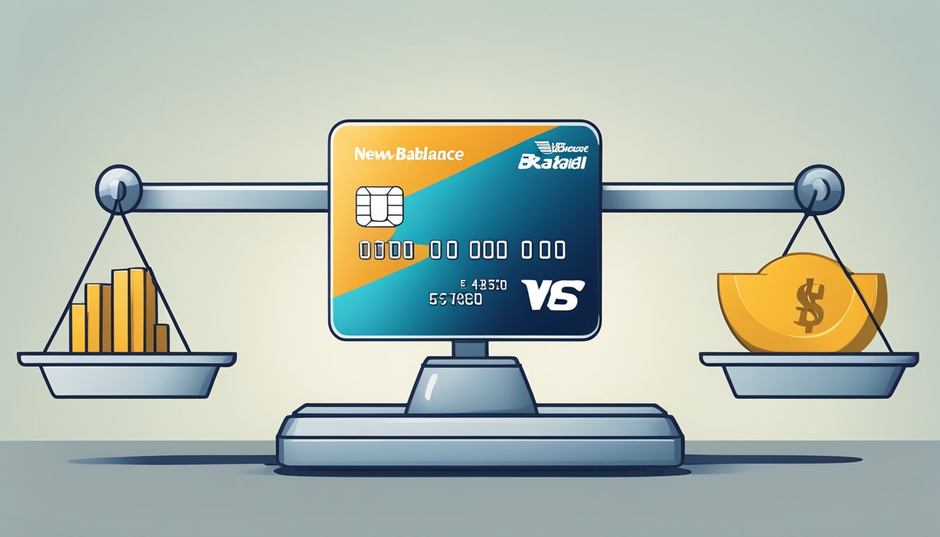 A credit card hovering over a scale, with one side labeled "current balance" and the other side labeled "new balance transfer offer."