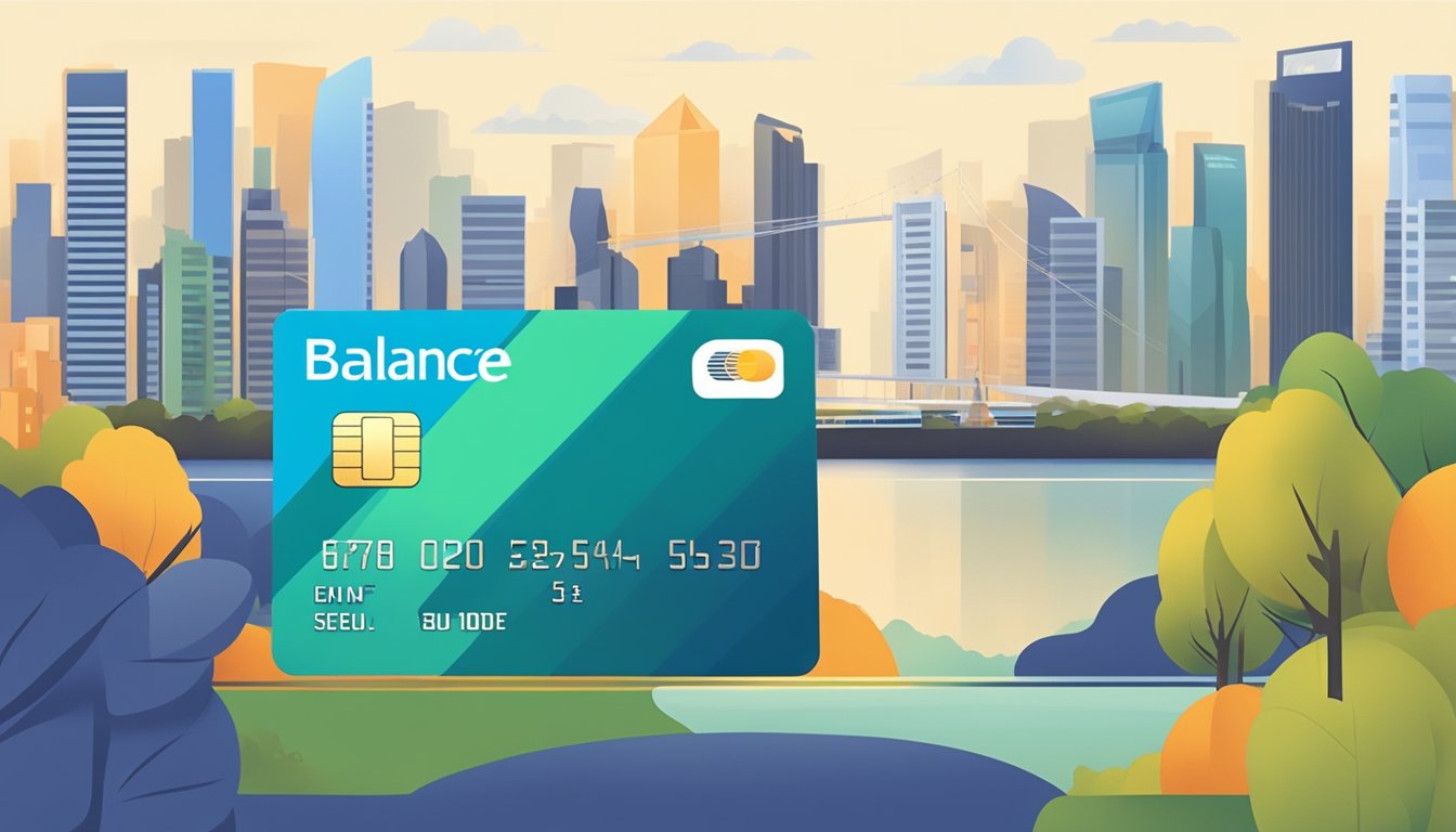 A credit card with a scale, representing balance transfer options, against a Singapore city skyline backdrop