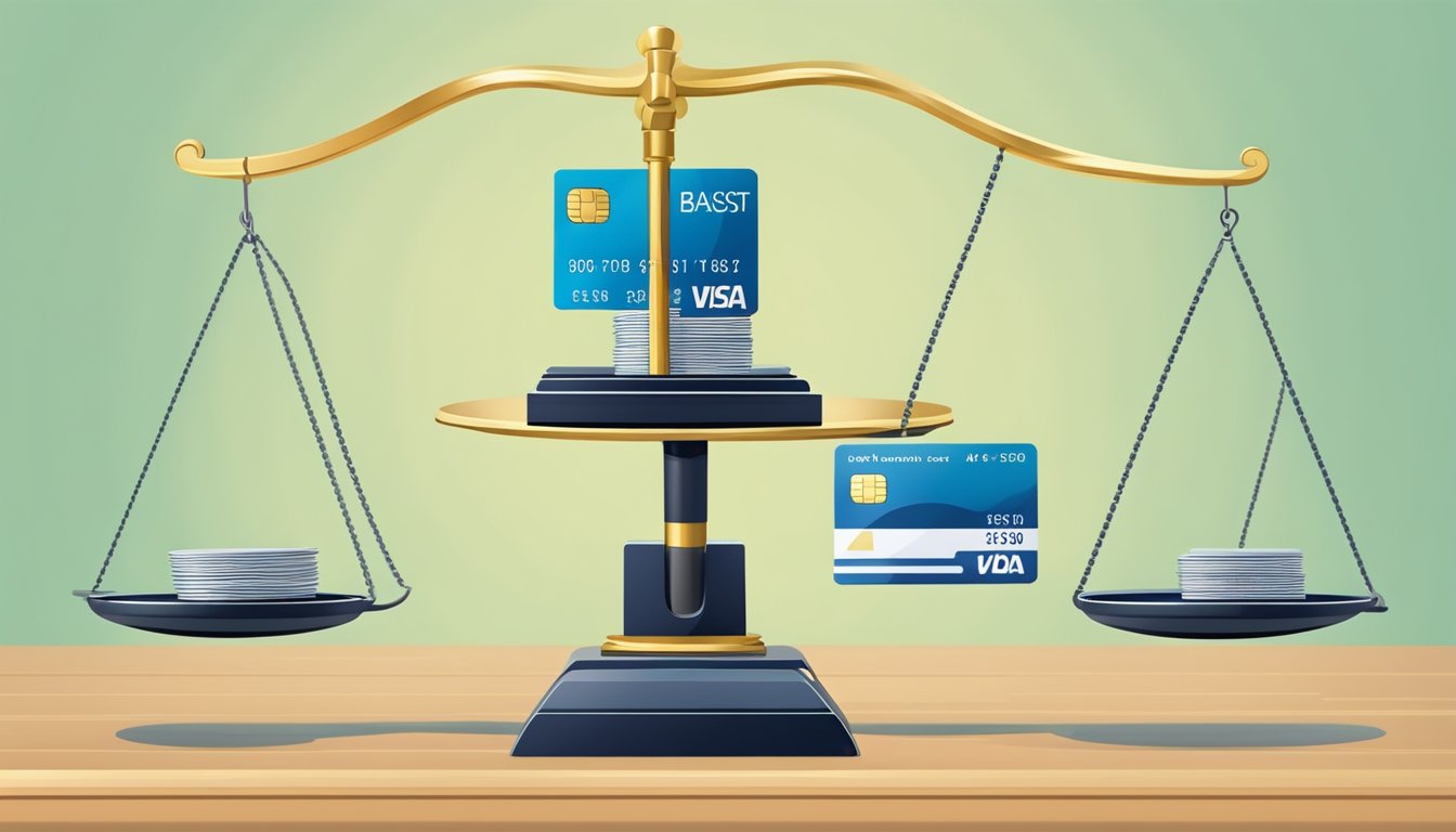 A stack of credit cards hovering over a scale, with one card tipping the balance in favor of "best balance transfer."