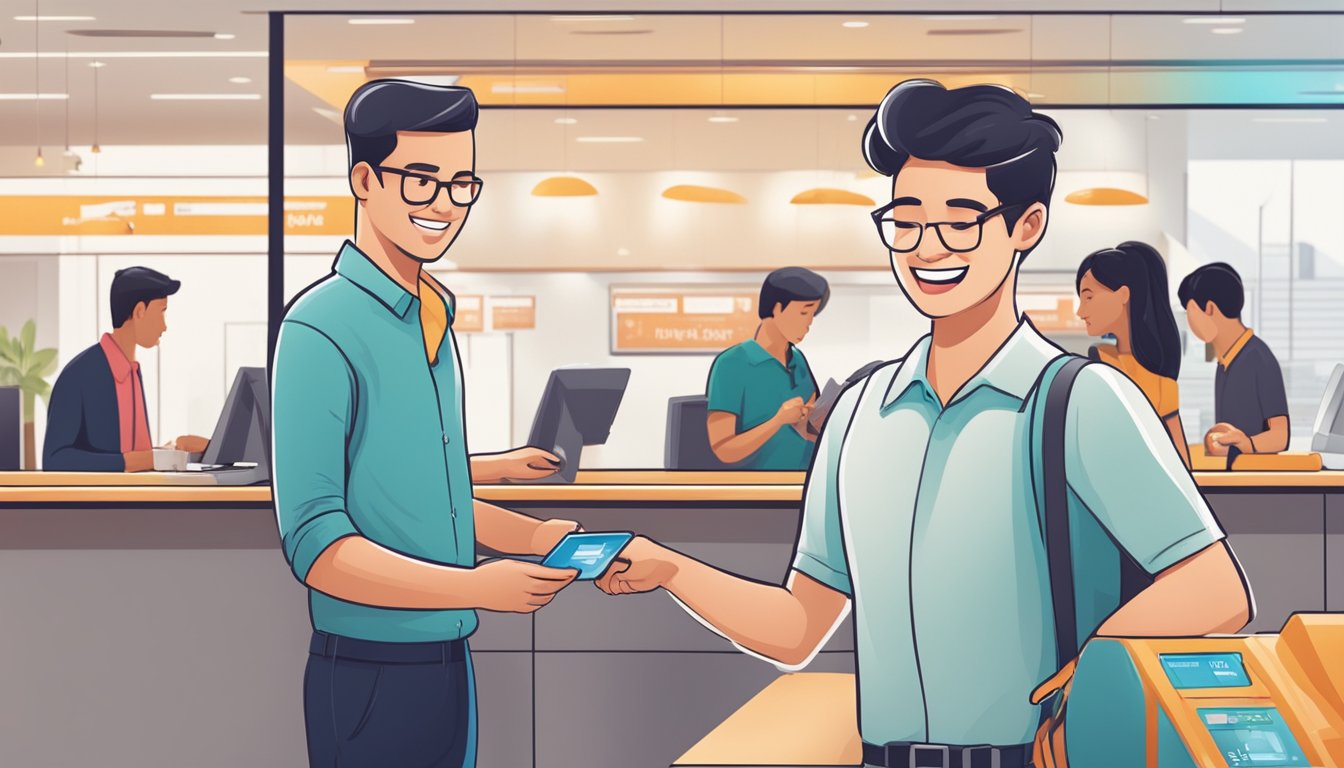 A student happily receives a cashback reward while using a debit card at a modern bank branch in Singapore