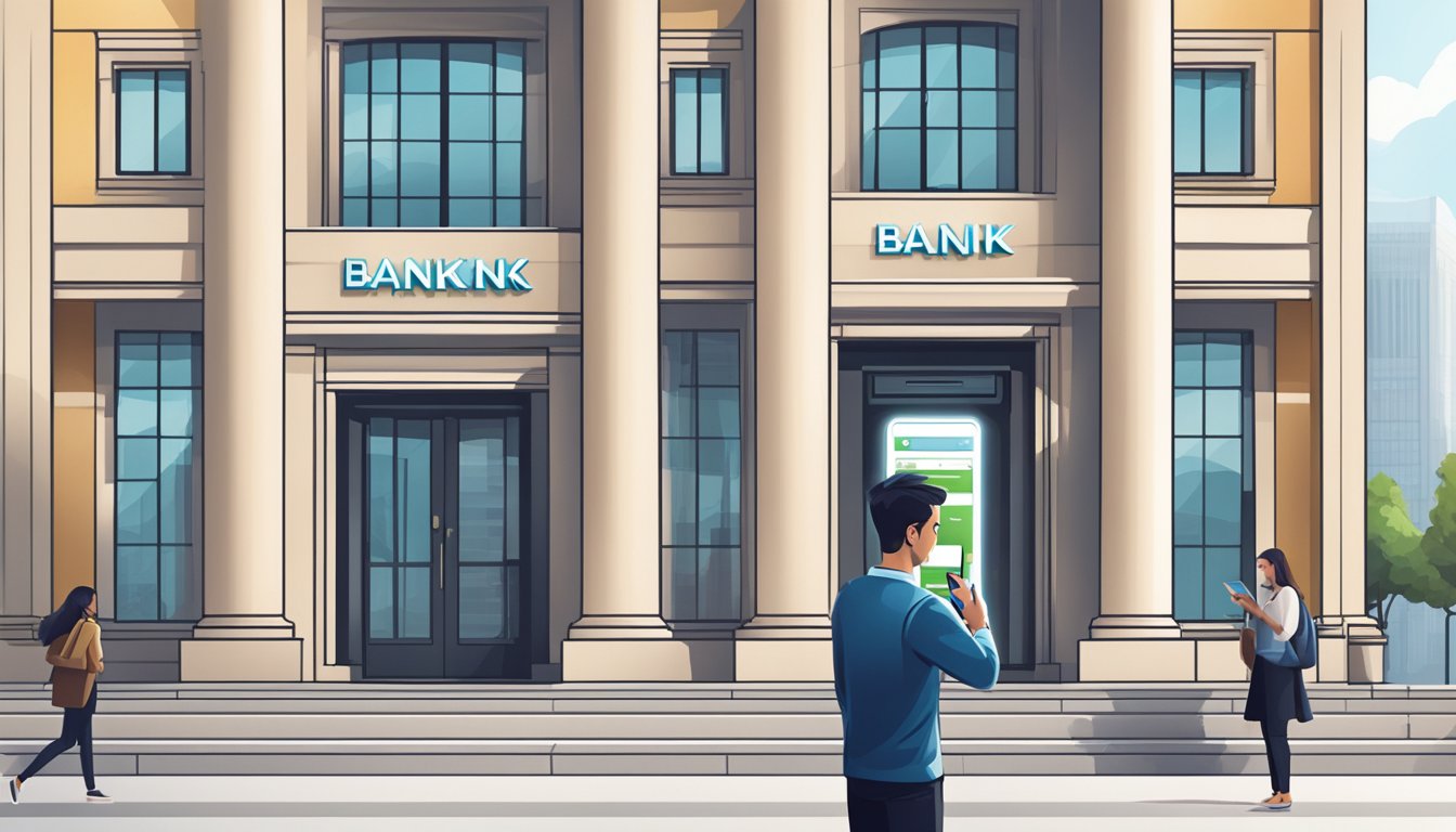 A student using a smartphone to access online banking services with a modern and sleek bank building in the background