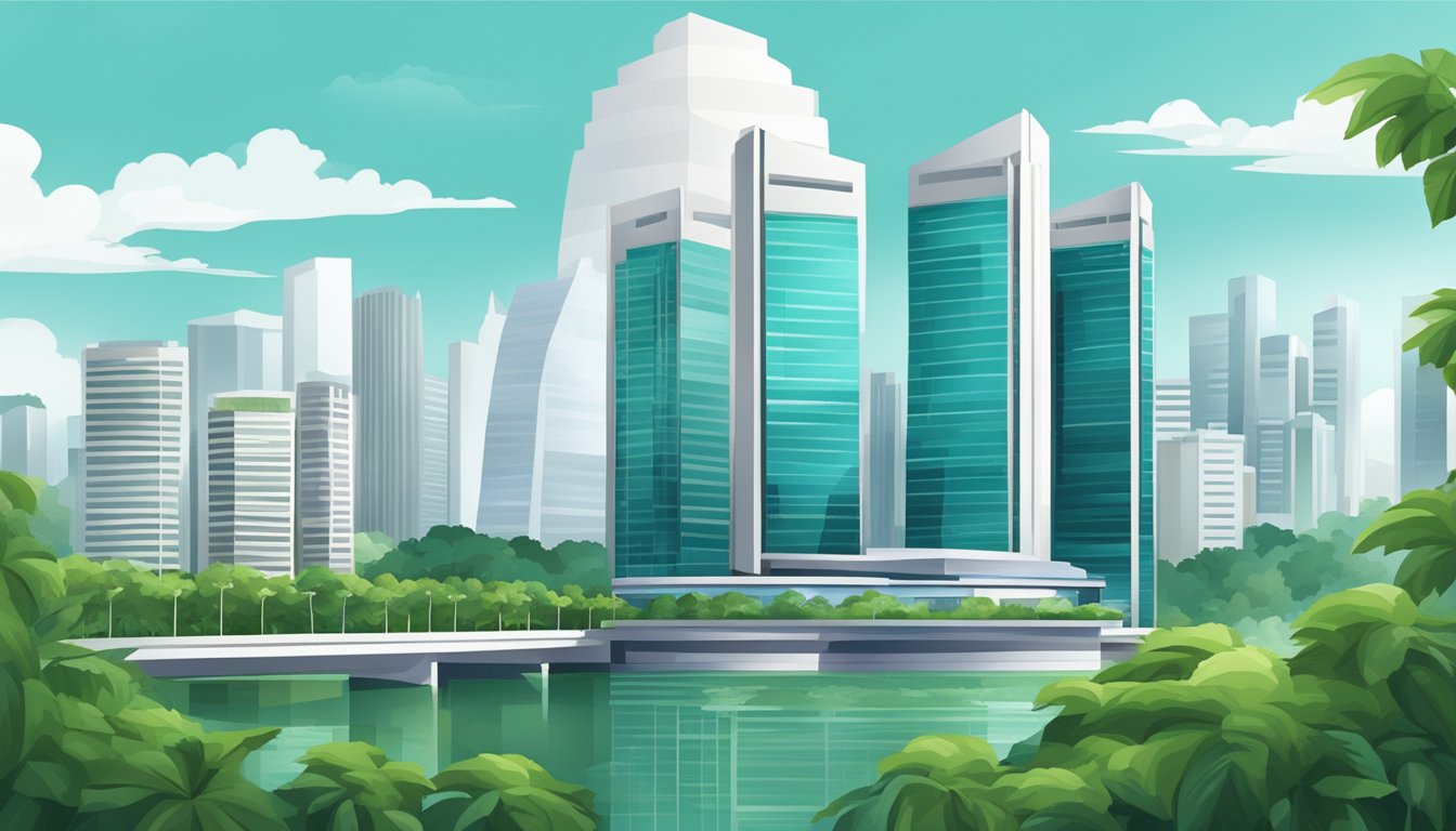 A modern, sleek bank building stands tall in the heart of Singapore, surrounded by lush greenery and a bustling cityscape