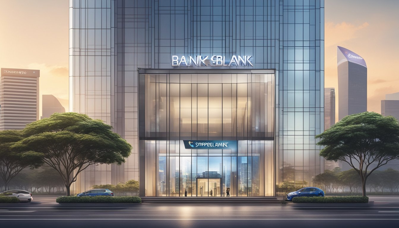 A modern, glass-walled bank building stands tall against the Singapore skyline, with the company logo prominently displayed. The entrance is sleek and inviting, with digital screens showcasing the latest banking solutions
