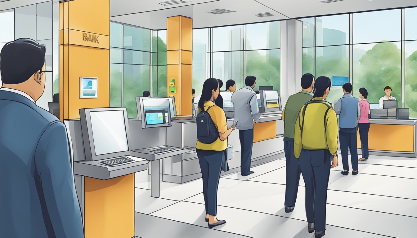 Customers entering a modern, sleek bank in Singapore. Security cameras and guards provide a sense of safety. Trust is evident in the professional, welcoming atmosphere
