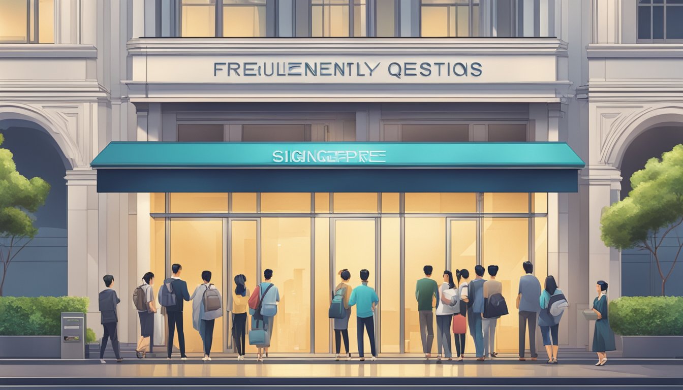 A modern bank building in Singapore with a prominent sign reading "Frequently Asked Questions" and a line of customers waiting outside