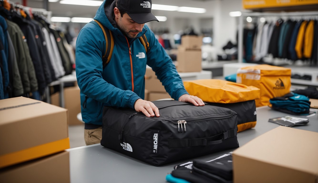 A customer unpacks a North Face product, reads the return policy, and begins the process online