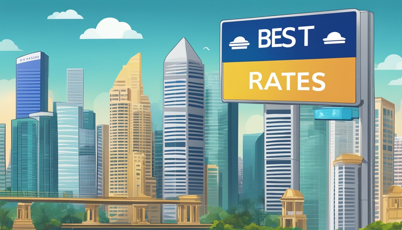A bank sign displaying "Best Interest Rates in Singapore" against a backdrop of the city skyline