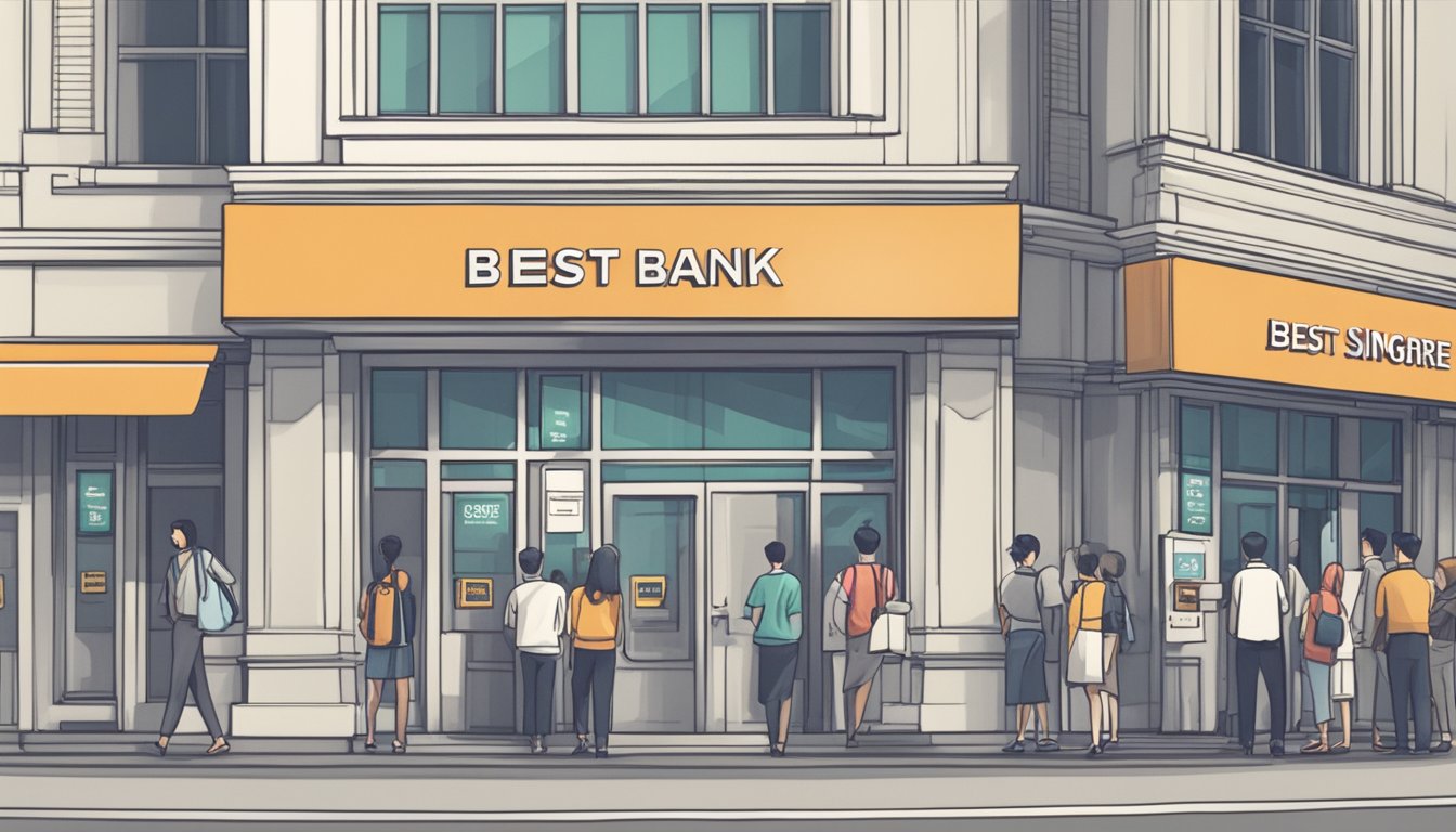 A bank building with a prominent sign displaying "Best Bank Interest Rates in Singapore" with a line of customers waiting to enter
