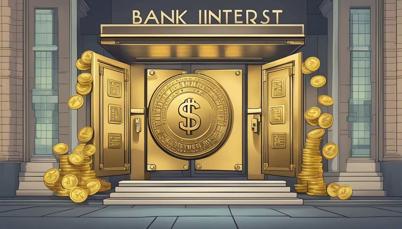 A bank vault door stands open, emitting a golden glow. A stack of coins and dollar bills are nestled inside, surrounded by a shield with the words "Best Bank Interest Rate Singapore" emblazoned on it