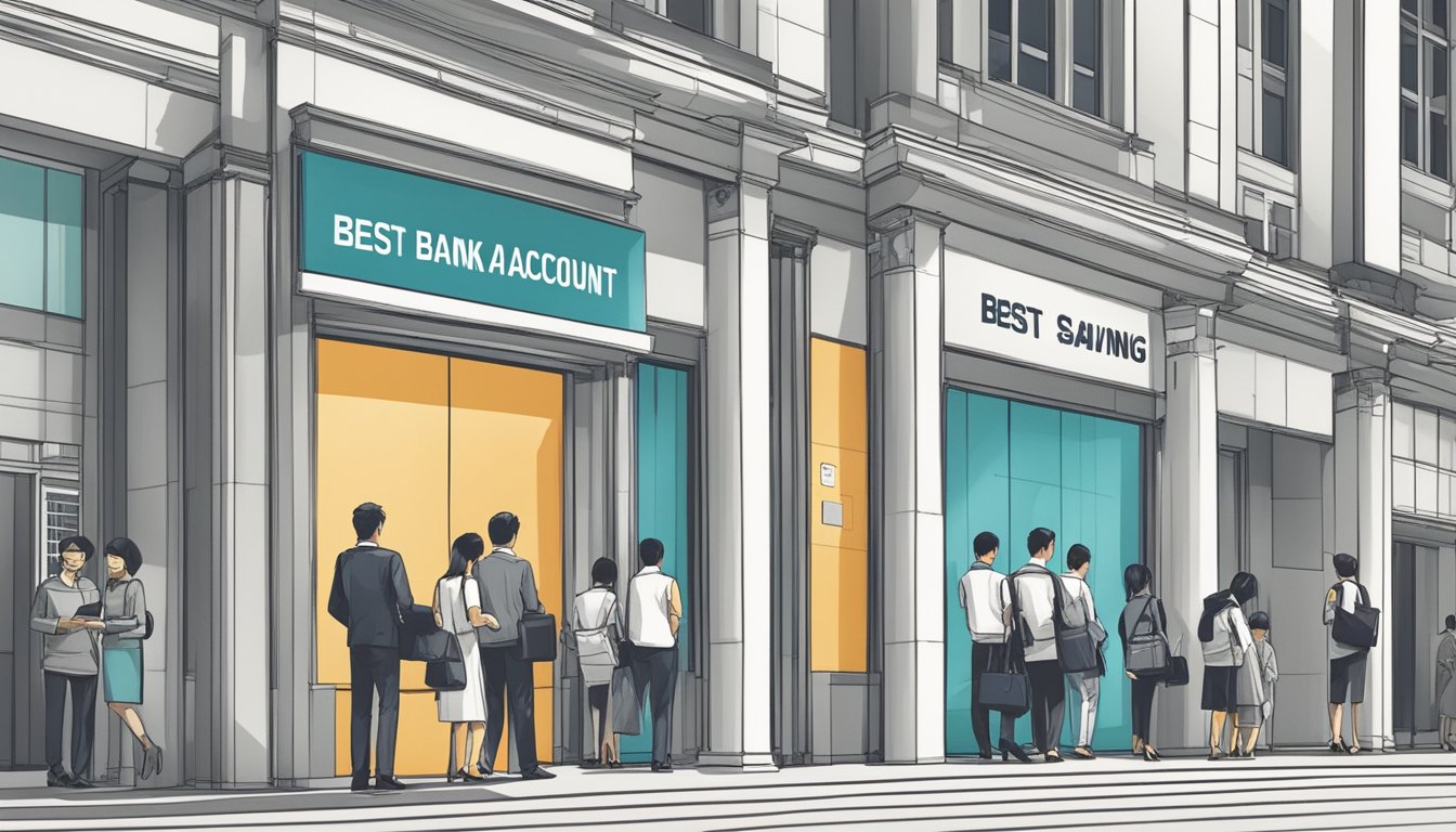A modern bank building in Singapore with a prominent sign displaying "Best Bank Savings Account" and a line of customers waiting to enter