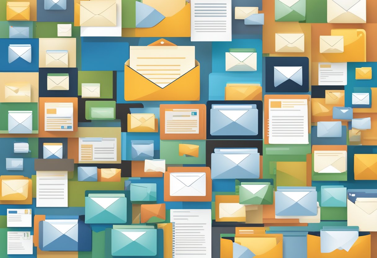 Emails being sorted into folders by Outlook Rules. Folder icons representing different categories. Outlook interface visible