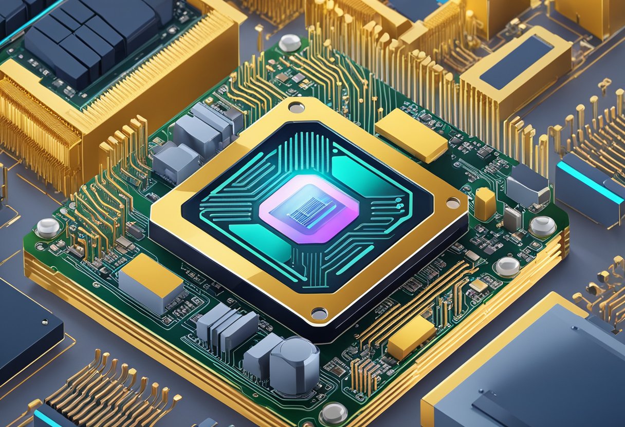 A CPU sits on a table, surrounded by circuit boards and cables. Its average weight is evident in its sturdy and compact design