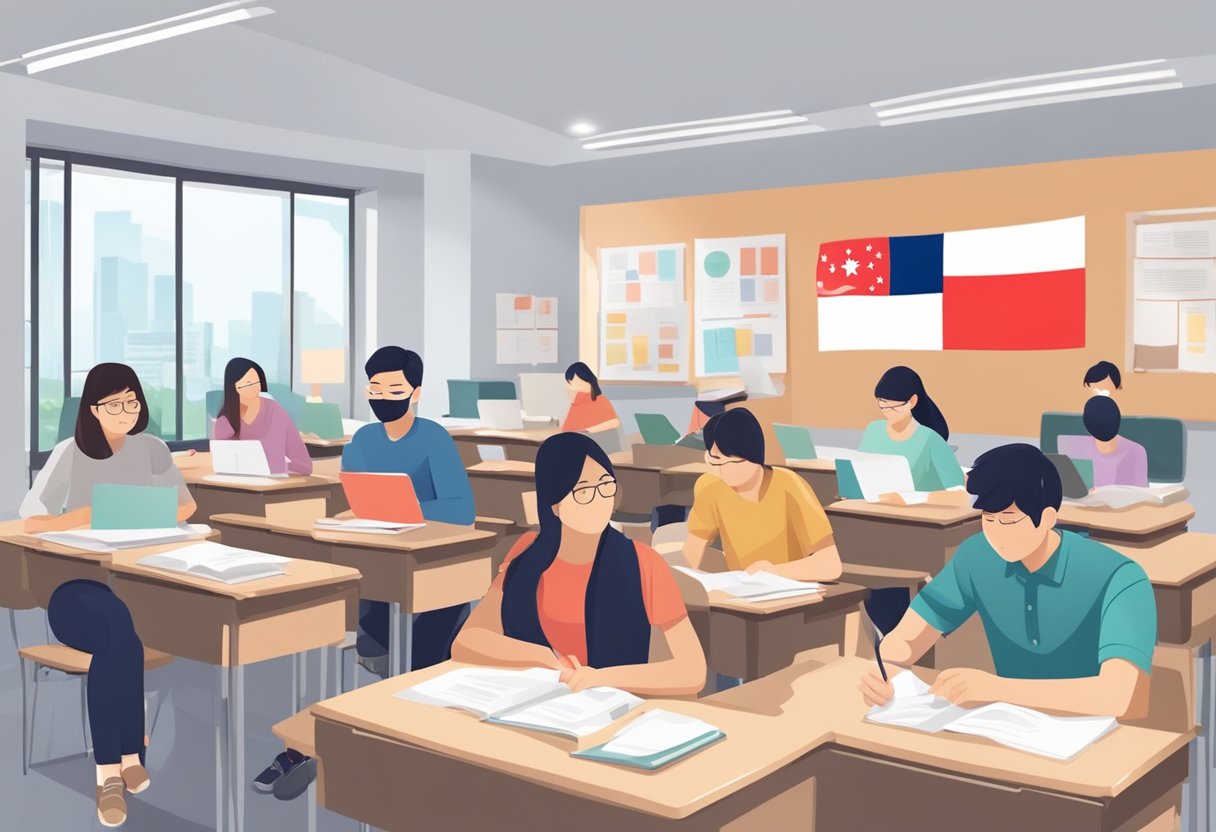 Students studying in a modern classroom with IELTS study materials and a Singaporean flag on the wall