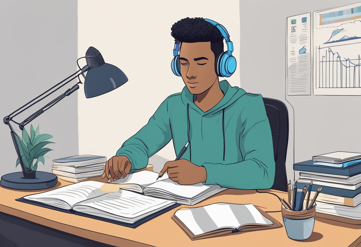 A student sits at a desk with headphones on, listening intently to a recording. A timer counts down as they jot down notes and mark their answers on a practice IELTS listening test