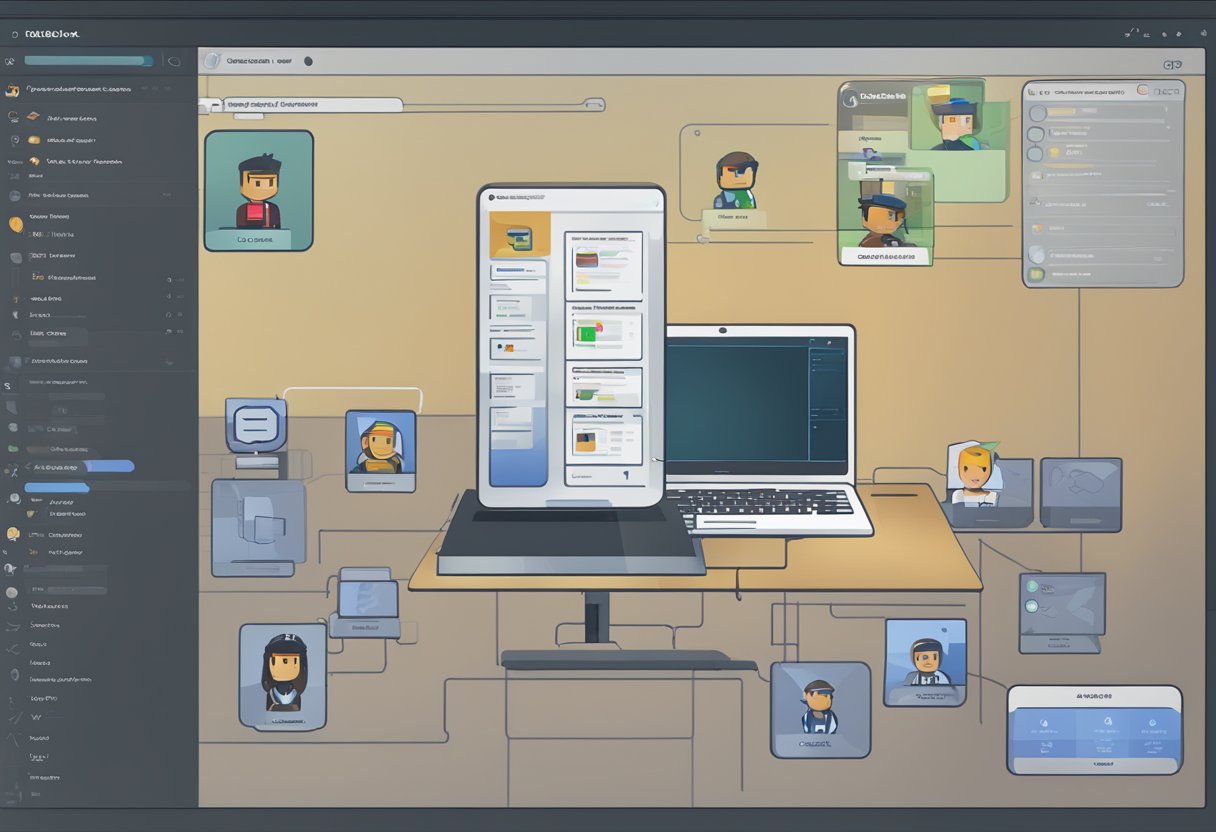 A computer screen displaying the Roblox admin panel with various options and settings, a user's avatar in the background