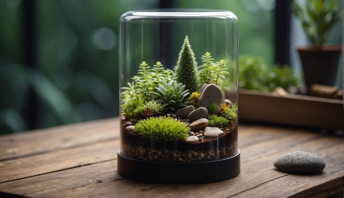 A glass terrarium sits on a wooden table, filled with damp soil and small rocks. A misting bottle and a bag of moss are nearby, ready to be used for planting