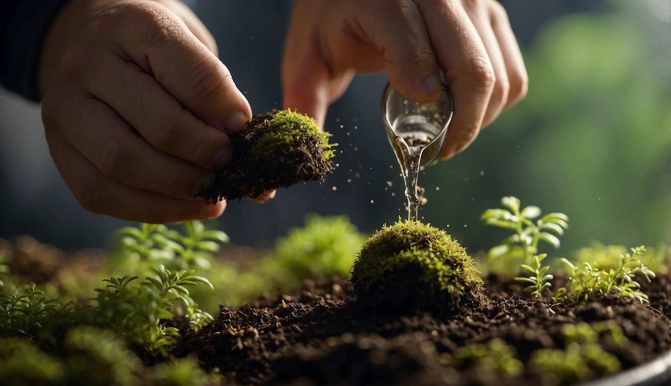 A hand pours soil into a shallow container. Moss spores are sprinkled on top, then misted with water