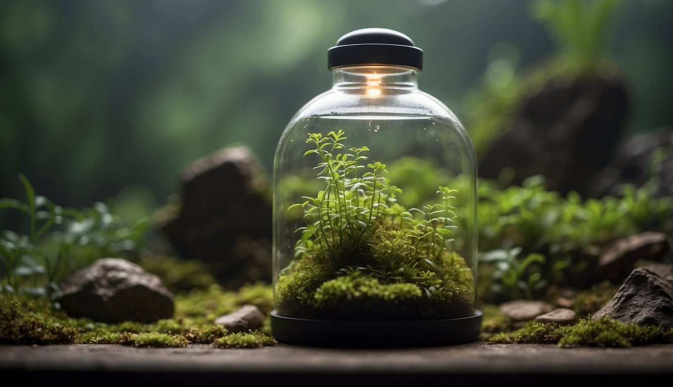 Moss grows inside a glass terrarium, surrounded by damp soil and rocks. A misting bottle sits nearby, ready to provide moisture
