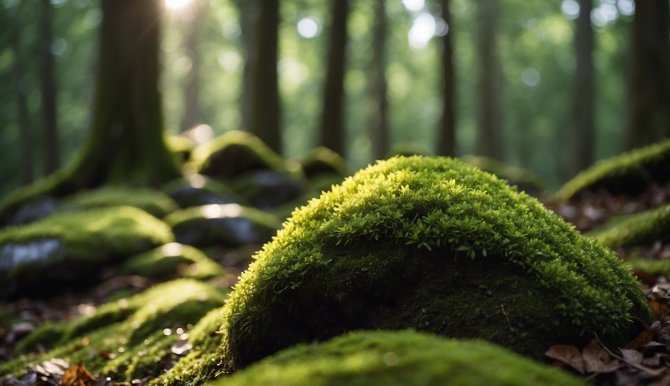Lush green moss covers a shaded rock, thriving in a damp environment. Sunlight filters through the trees, casting dappled shadows on the ground