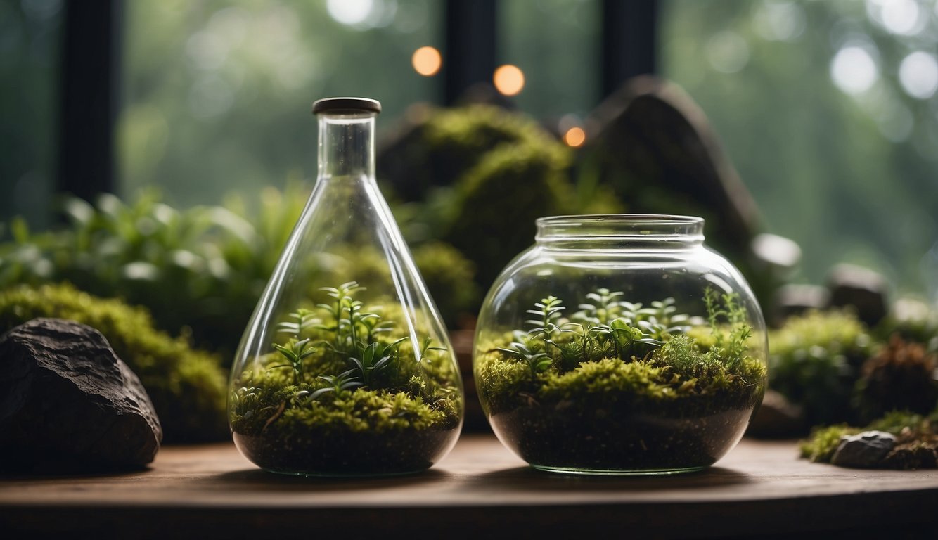 Moss growing inside glass terrarium with rocks, soil, and misting bottle