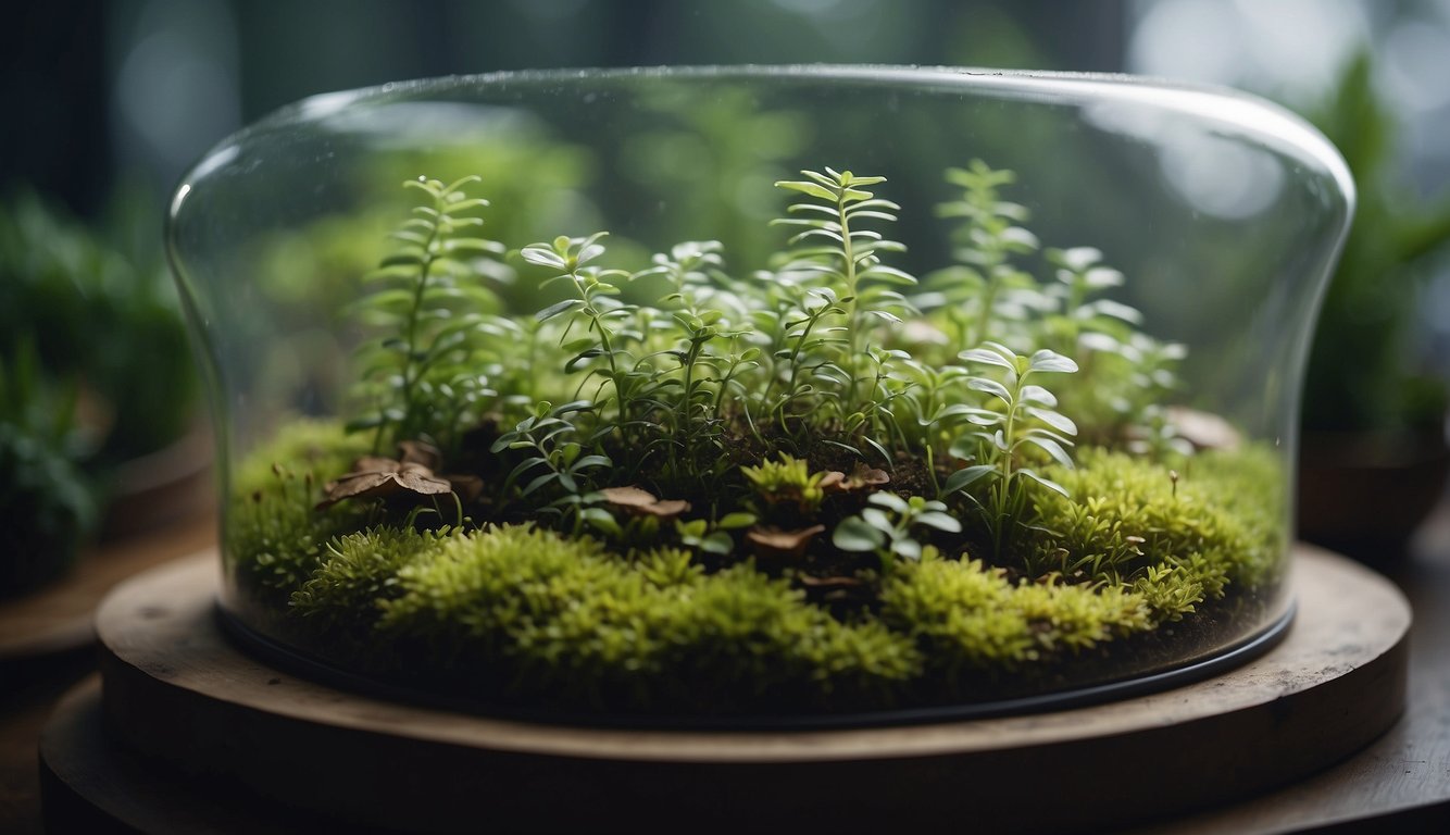 Moss growing in a glass terrarium with damp soil and filtered light