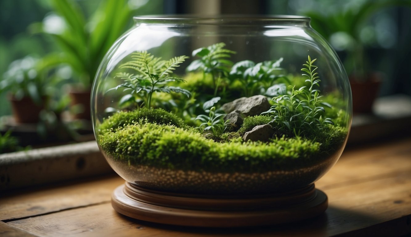 Lush green moss thrives in a glass terrarium, nestled among eco-friendly plants and recycled materials