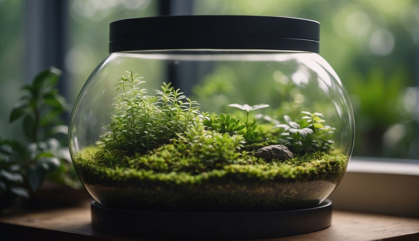 Lush green moss growing inside a glass terrarium, surrounded by soft natural light and carefully placed in a controlled environment