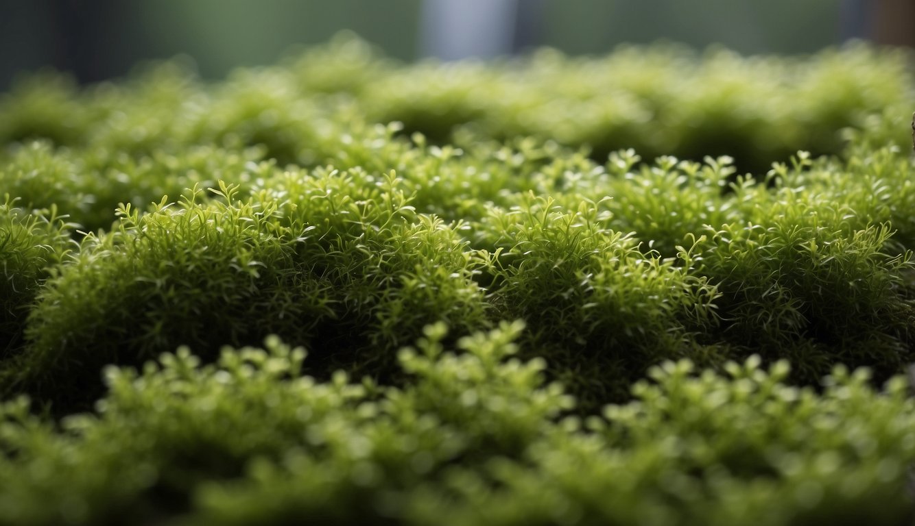 Lush green moss covering indoor surfaces, with soft, damp texture and delicate tendrils reaching out