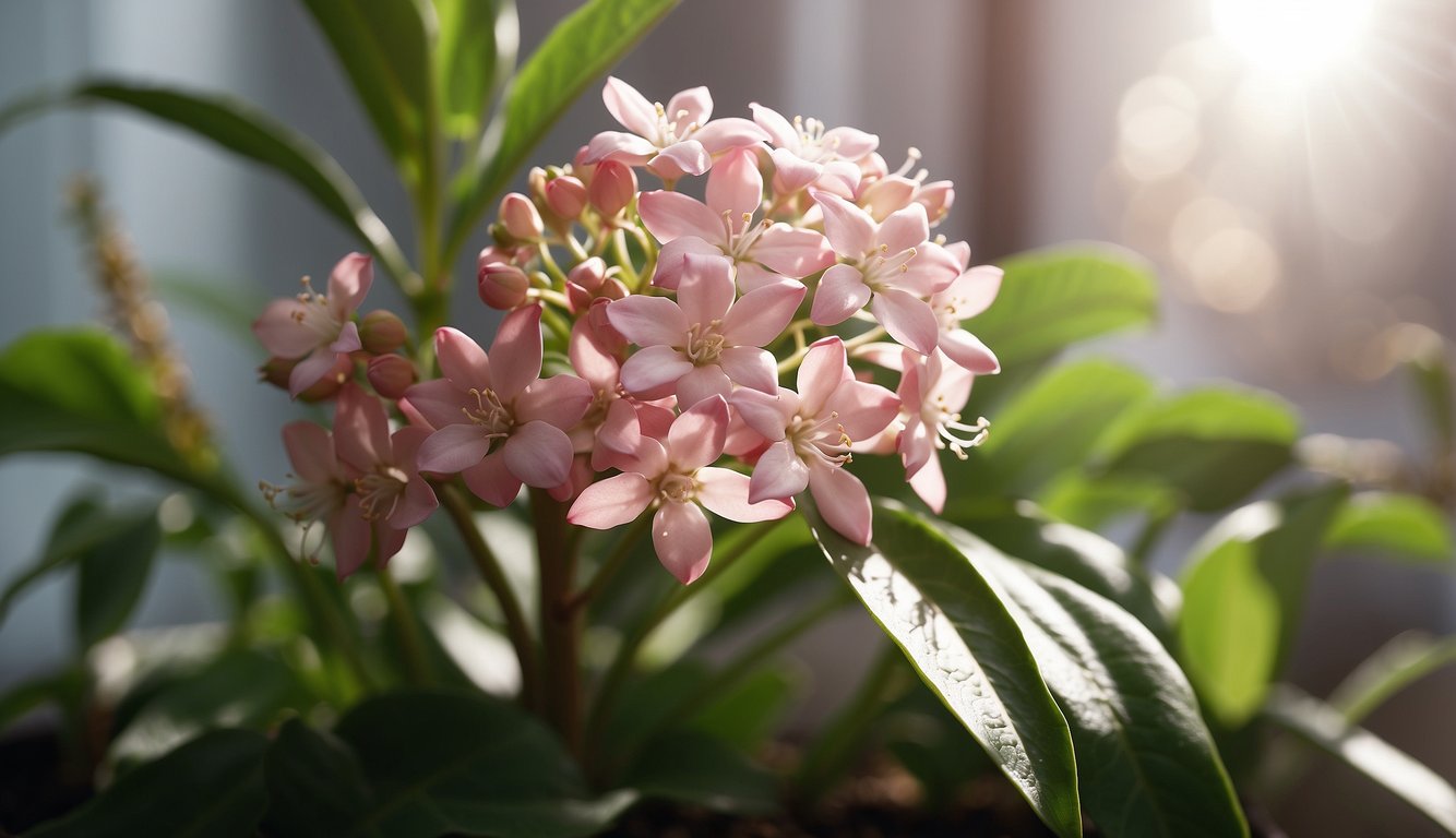 The hoya plant thrives in bright, indirect sunlight with well-draining soil. Its lush green leaves and delicate pink blooms create a beautiful contrast against the backdrop of a sunny windowsill