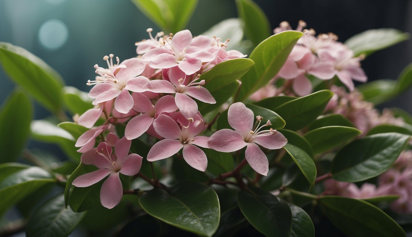 A hoya plant blooms with delicate pink flowers, surrounded by lush green leaves and trailing vines