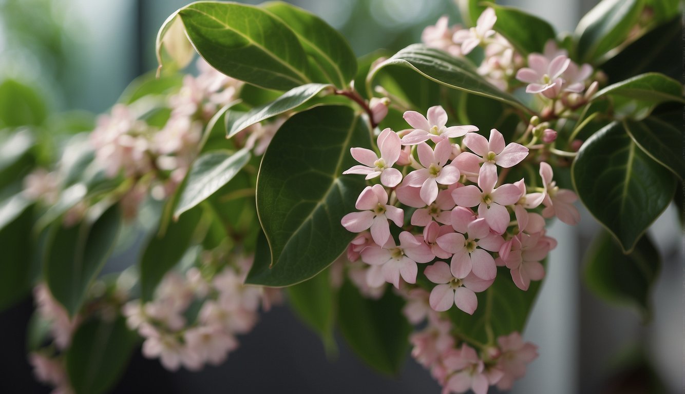 A hoya plant blooms with delicate pink flowers, surrounded by glossy green leaves and hanging from a vine
