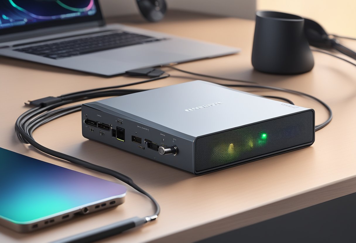A sleek, modern sound card sits on a clean, minimalist desk. Cables are neatly organized, and the card is illuminated with soft, ambient lighting