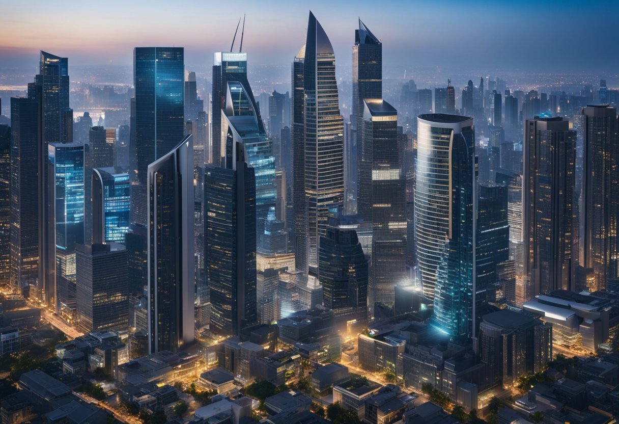 A vibrant city skyline with various business buildings and skyscrapers, showcasing a bustling and dynamic business environment for the year 2024