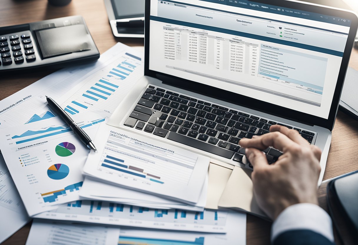 A desk with a computer, financial reports, and a growth chart. A hand holding a pen makes notes. A book titled "Effective Financial Management Ultimate Guide to Business Growth: 10 Effective Strategies for 2024" sits open