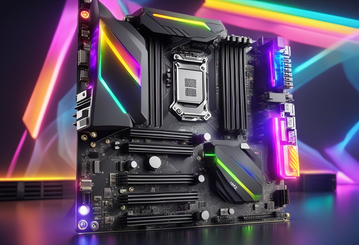 A computer motherboard with RGB lighting, connected to a compatible GPU, both emitting synchronized colors through Aura Sync software