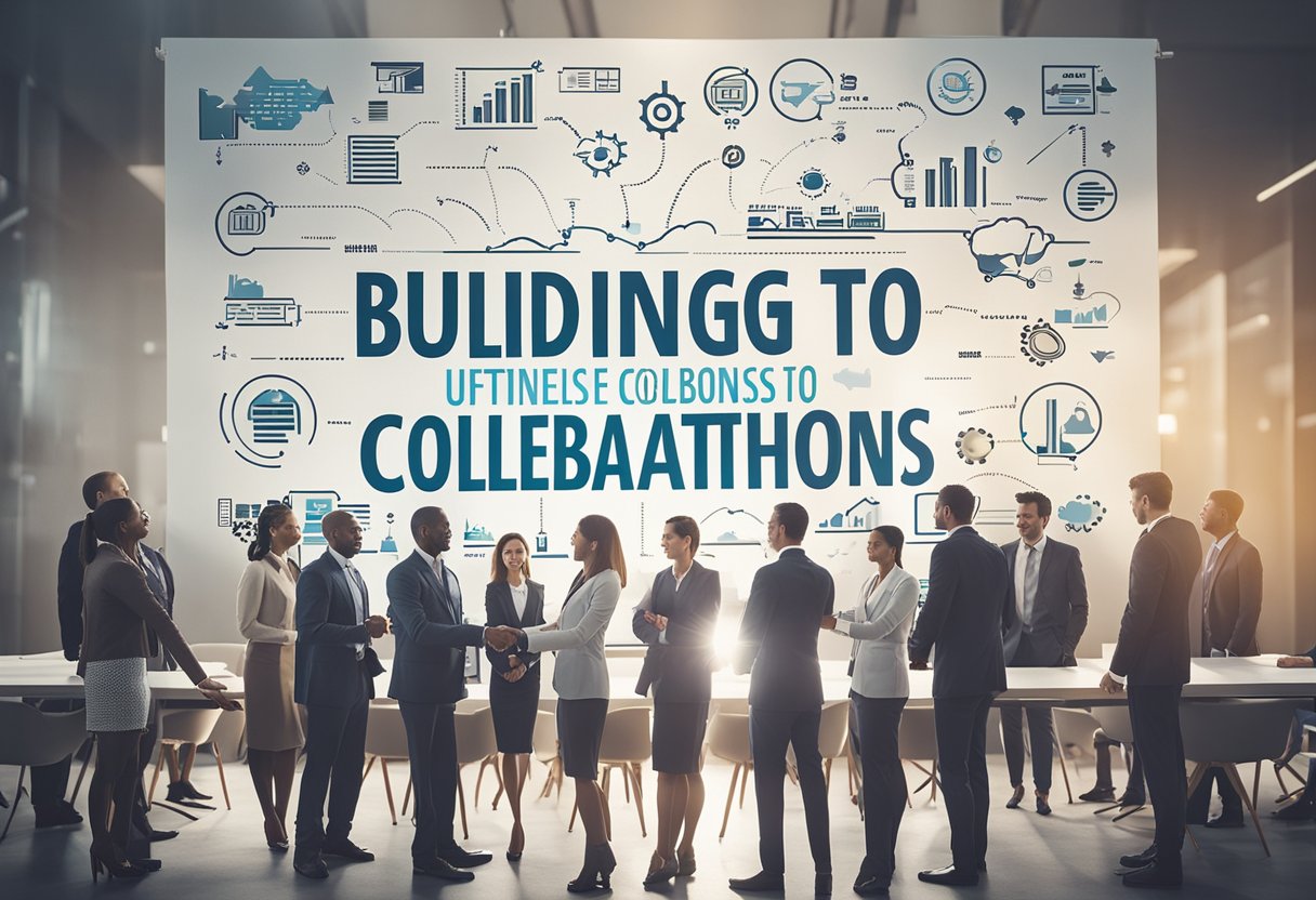 A group of diverse businesses gather in a conference room, exchanging ideas and shaking hands. A banner with the title "Building Strategic Partnerships and Collaborations Ultimate Guide to Business Growth: 10 Effective Strategies for 2024" hangs on the wall