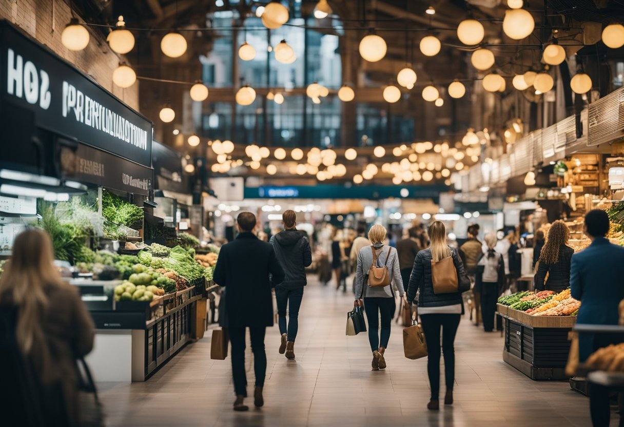 A bustling marketplace with various businesses implementing customer-centric strategies, such as personalized experiences and targeted marketing. The atmosphere is vibrant and dynamic, showcasing the evolution of business growth in 2024
