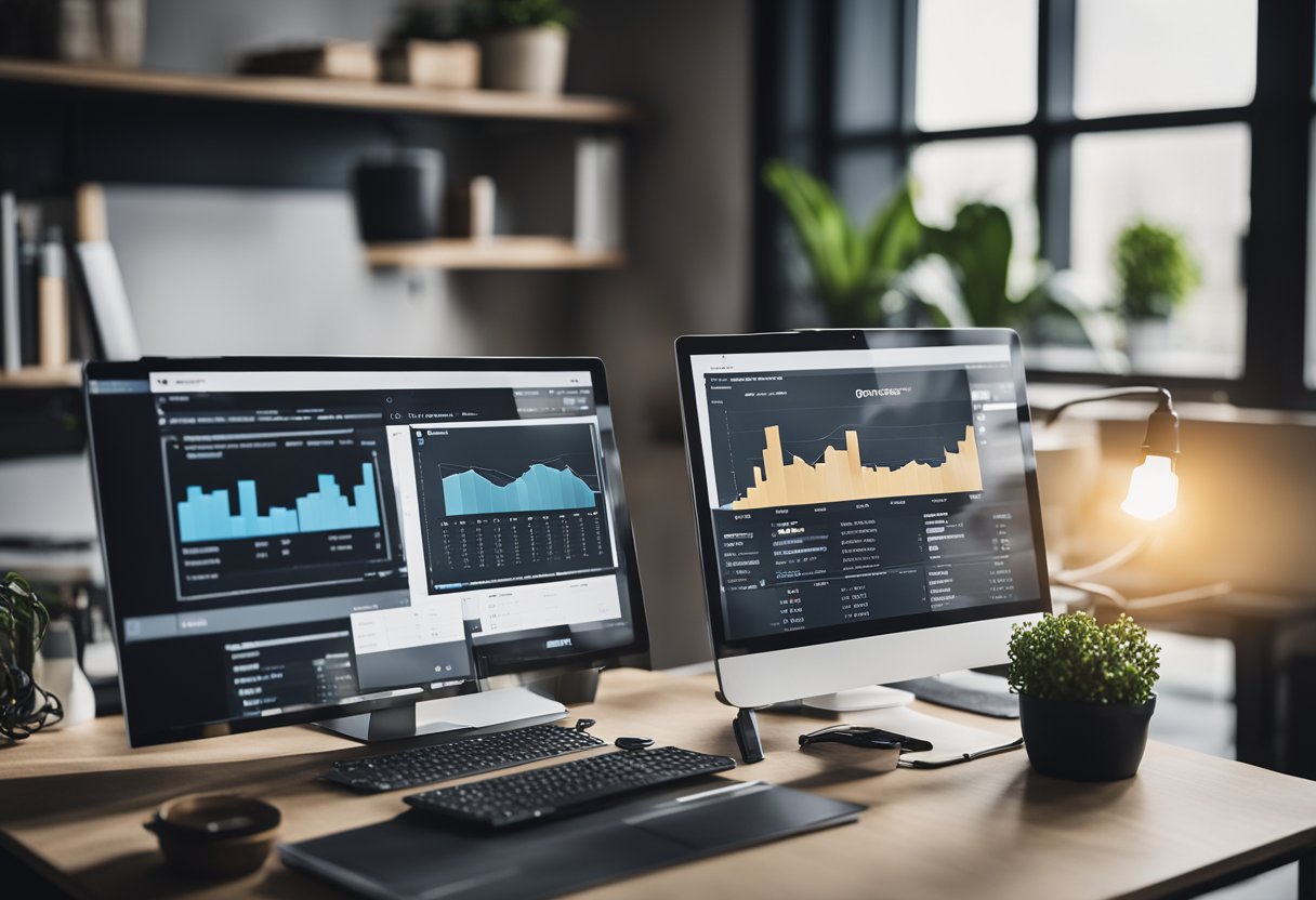A small business owner implements SEO strategies in an office setting with a computer, notebook, and pen. Charts and graphs show progress on the wall