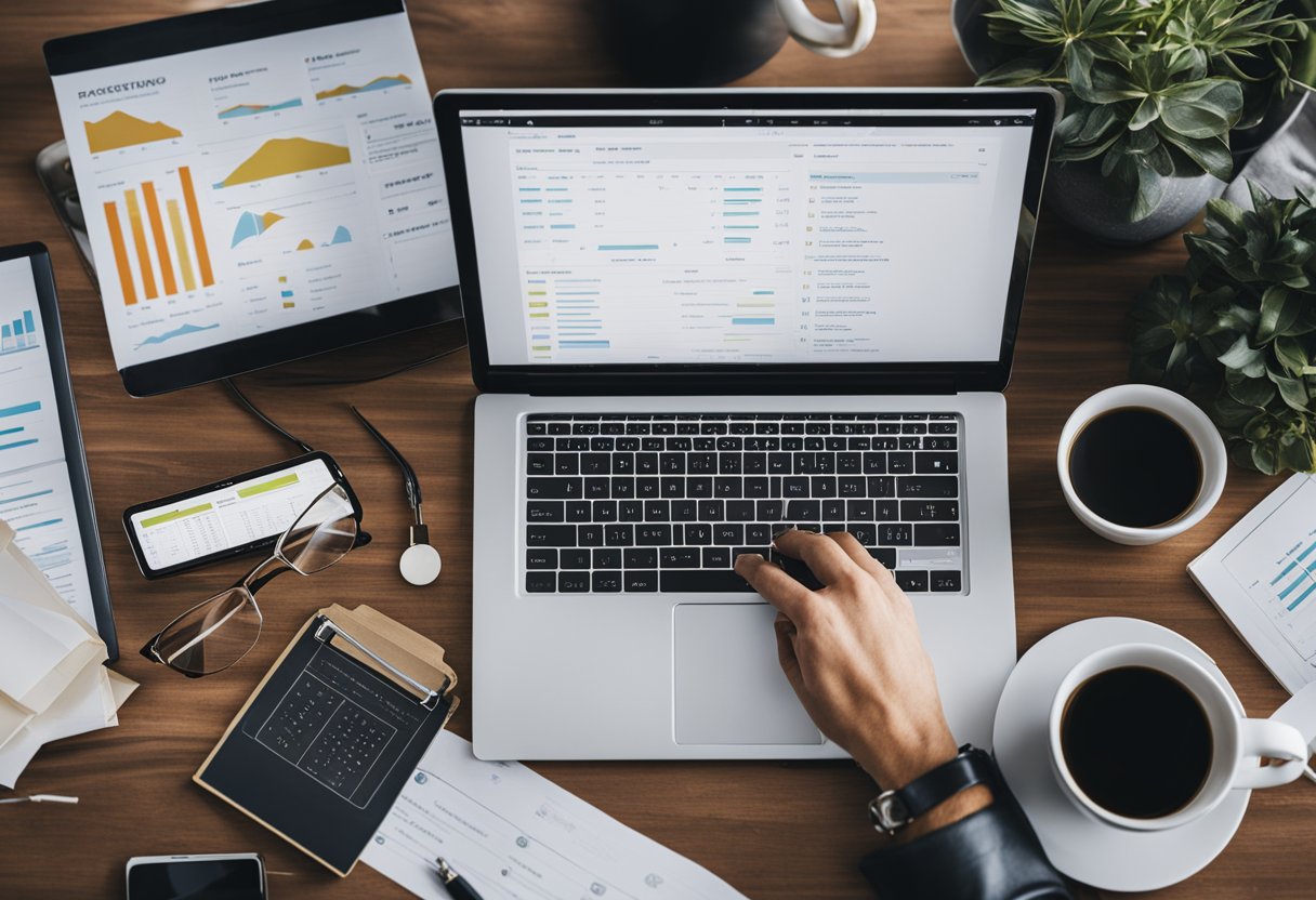 A small business owner researching SEO strategies on a laptop with various marketing materials and charts spread out on a desk