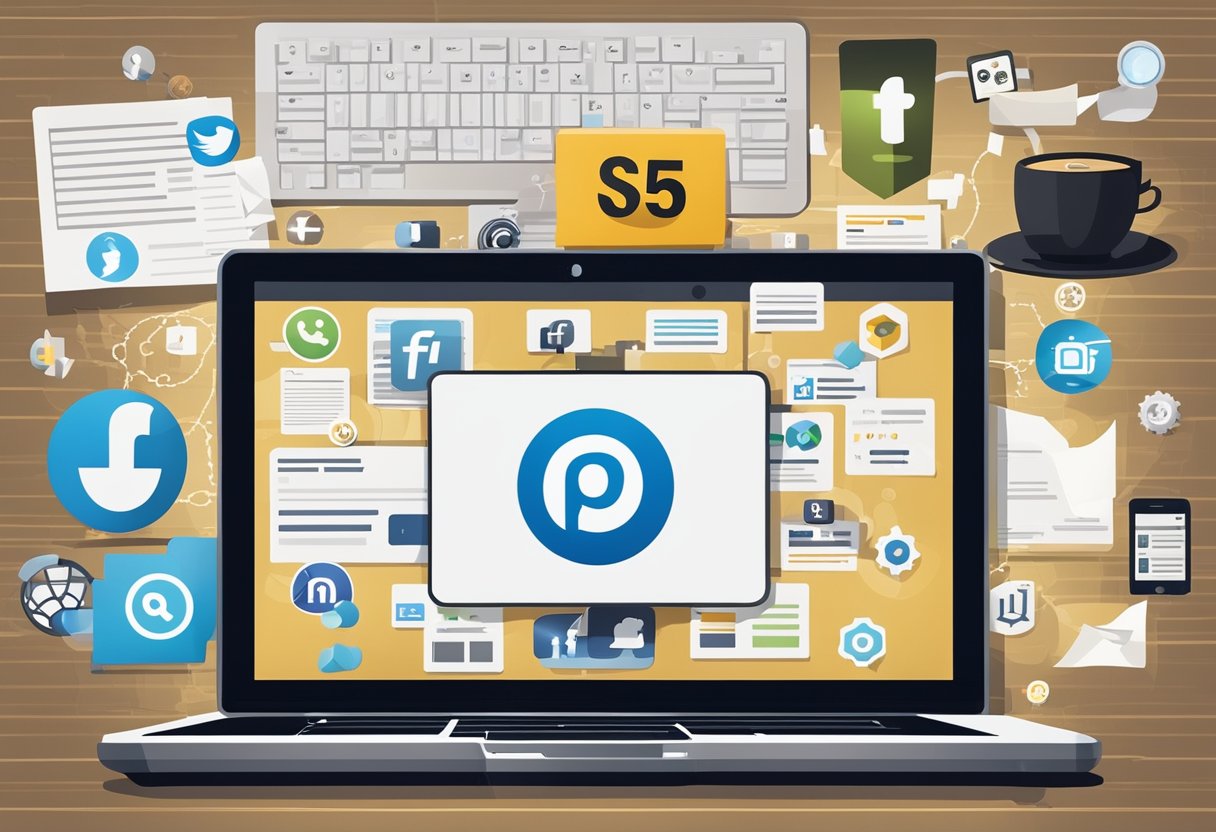 A laptop displaying social media platforms and online review sites, surrounded by SEO strategy notes and a small business logo
