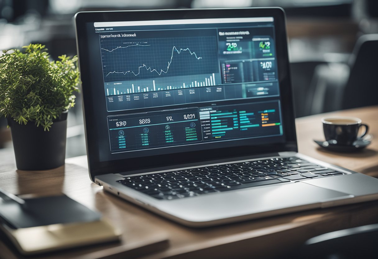A computer screen displaying various SEO trends and algorithms. Charts and graphs show essential strategies for small businesses in 2024