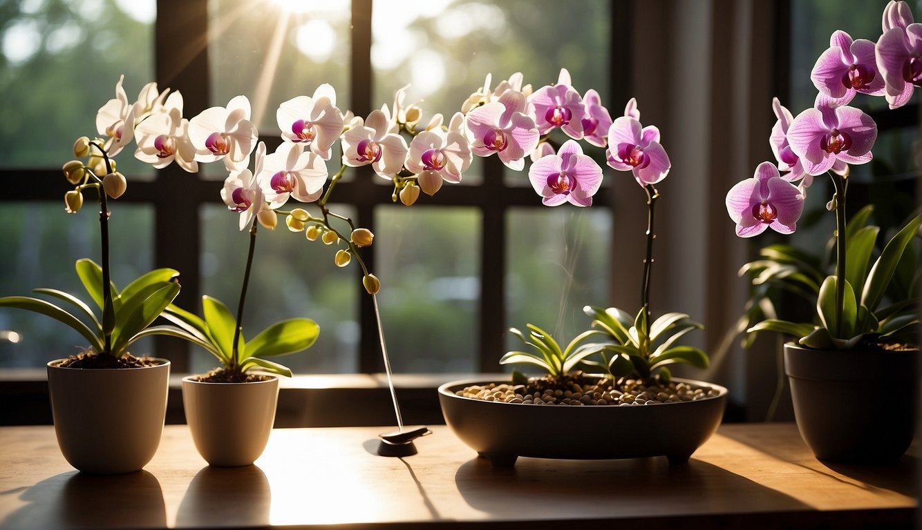 Sunlight filters through a window onto a table with a variety of orchids in different pots. A humidifier emits a fine mist, while a thermometer and hygrometer display ideal temperature and humidity levels