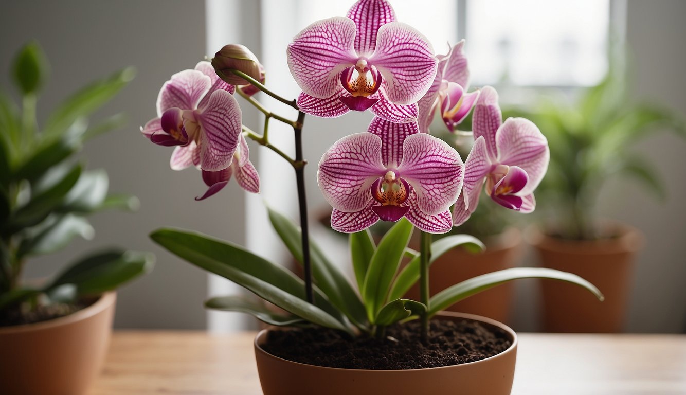 An orchid sits in a bright, airy room, nestled in a pot with well-draining soil. It receives indirect sunlight and regular watering, with a balanced fertilizer to encourage reblooming