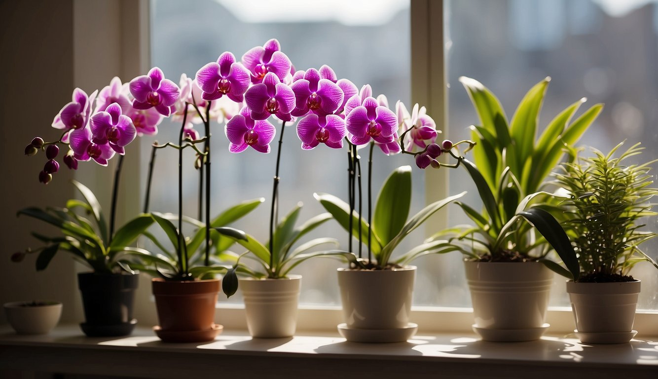 A vibrant orchid sits on a sunny windowsill, surrounded by other thriving plants. A small dish of water and a container of orchid fertilizer sit nearby, hinting at the care and attention given to encourage the orchid to rebloom
