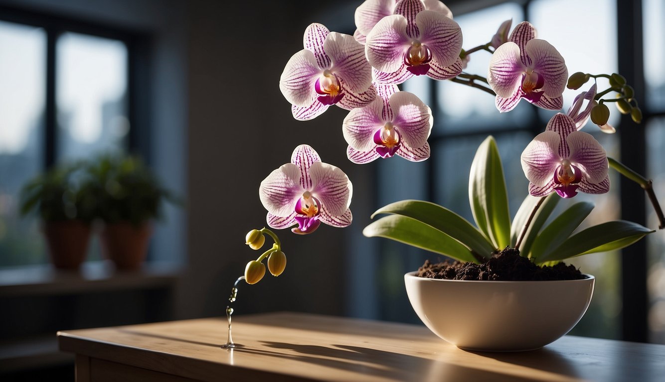 Orchids placed in a bright, indirect light setting with consistent watering and fertilization. Prune dead stems and repot as needed