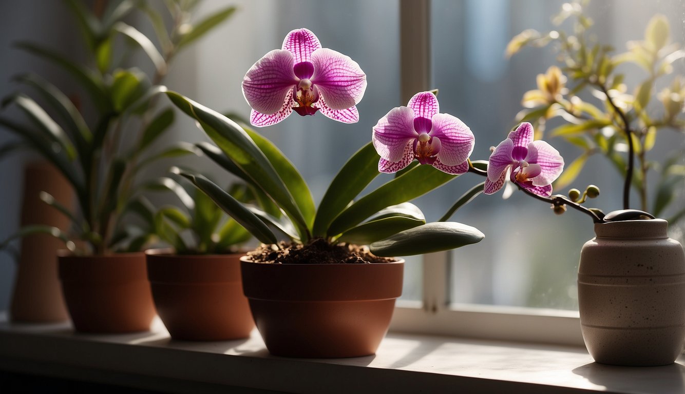 A potted orchid sits on a sunny windowsill, surrounded by mist from a spray bottle. Fertilizer and pruning shears are nearby, ready for use