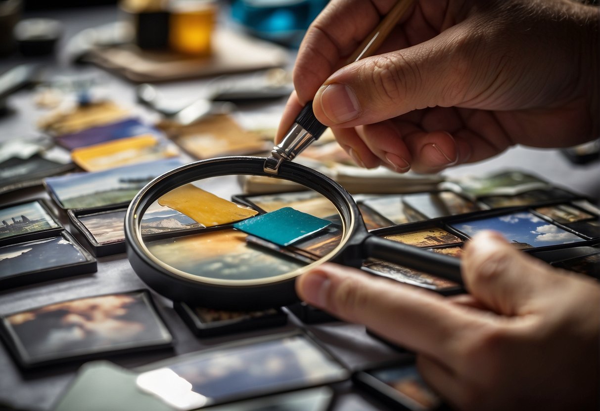 A person holding a paintbrush, surrounded by various photos. A magnifying glass is used to carefully examine each photo for the perfect image
