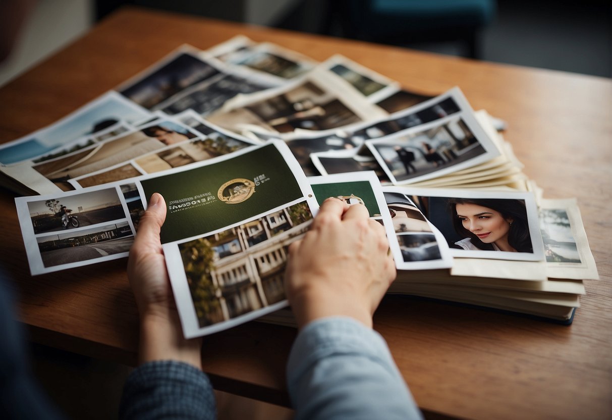 A person carefully selecting a photo from a collection, with a thoughtful expression and a guidebook open on the table