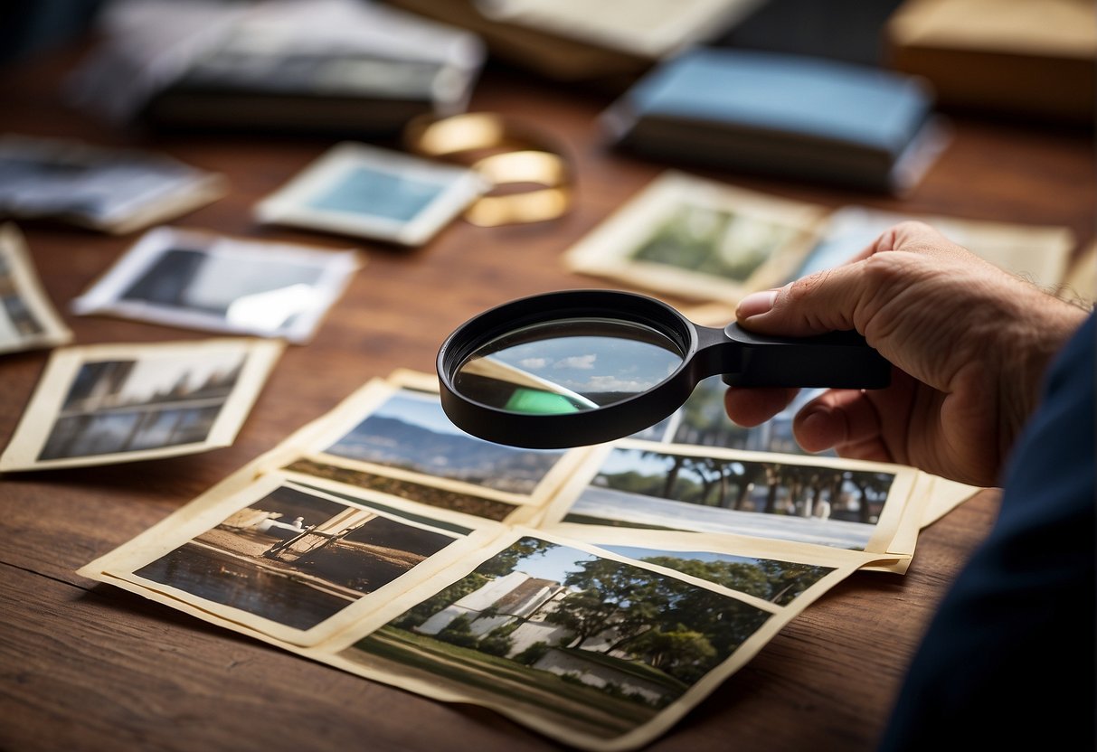 A person carefully examines a variety of photographs, comparing lighting, composition, and subject matter. A magnifying glass is used to closely inspect the details of each image